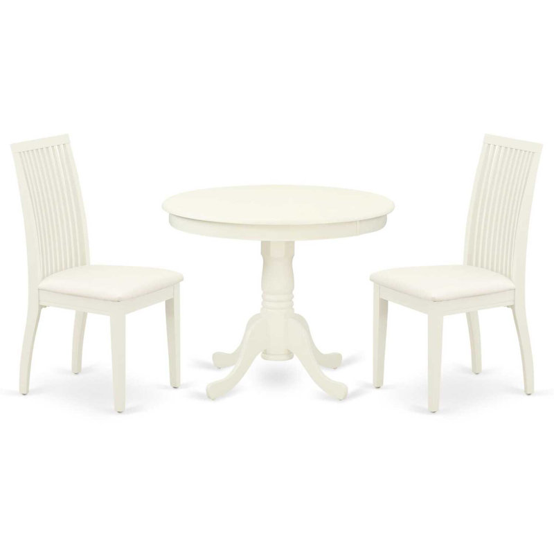 3-Piece Linen White Finish Solid Wood Top - Round Dining Room Set - Seats 4