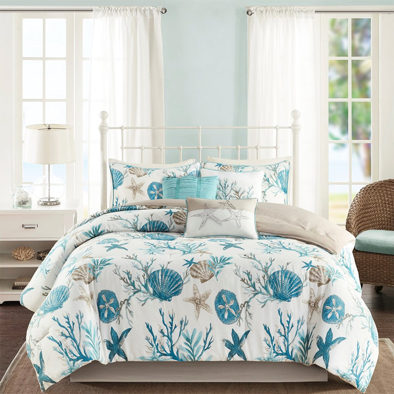 Édredon en coton 7 pièces pour très grand lit - avec coquillages imprimés, étoile de mer, coraux et envers neutre