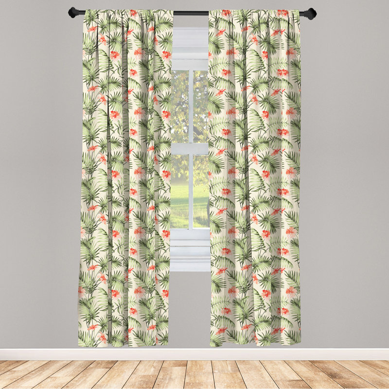Leaf Curtains, Hawaiian Aloha Nature Pattern with Rainforest Elements Palm Branches Hibiscus, Window Treatments Panel for Living Room Bedroom Decor, Peach Salmon Green Semi-Sheer Rod Pocket Sliding Panel