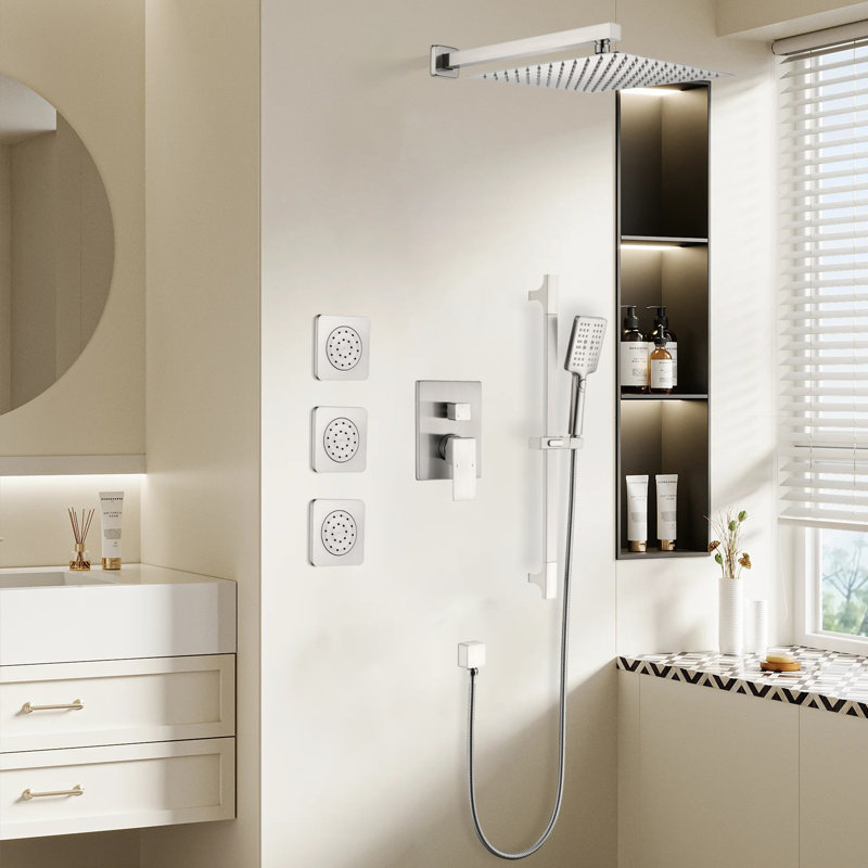 1-Spray 11.8 In. Wall-Mounted Dual Fixed And Handheld Shower Head 2.5 GPM With Slide Bar, Body-Sprays, Brushed Nickel