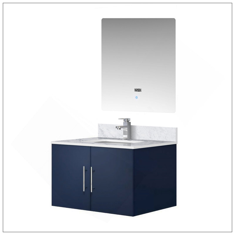 Meuble-lavabo polyvalent 30 po X P 22 po D, comptoir en marbre de Carrare, ensemble de robinet et Miroir à DEL, Marine