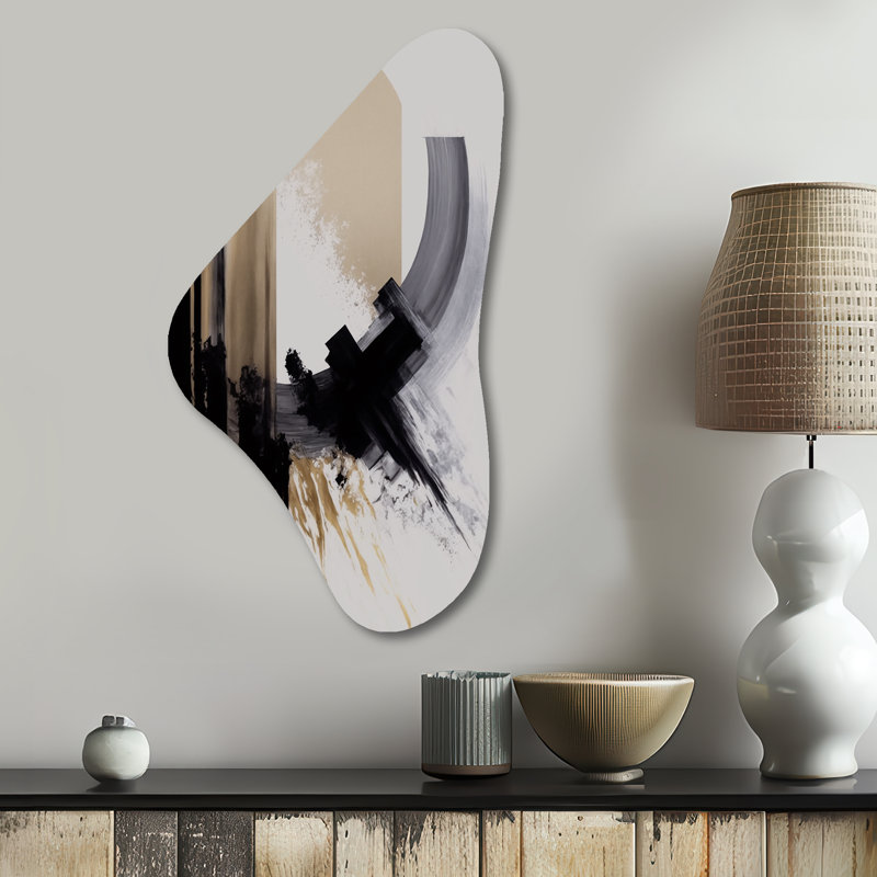 Art mural noir, blanc et doré Expression IV - forme abstraite Boomerang, H 31 po x l 17 po