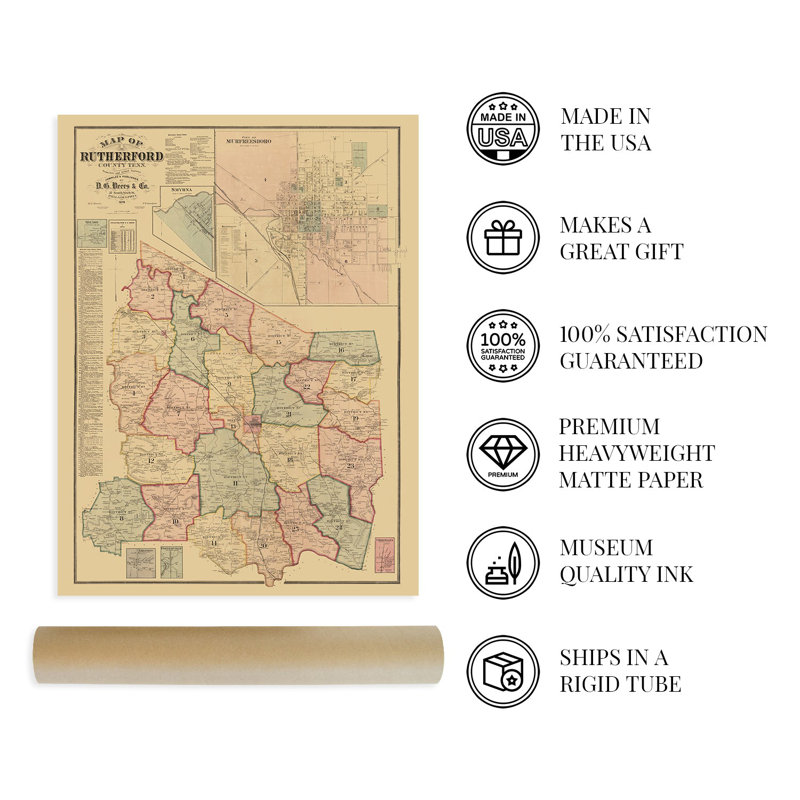 Carte du comté de Rutherford, Tennessee, 1878, H 36 po x l 24 po x P 0,01 po