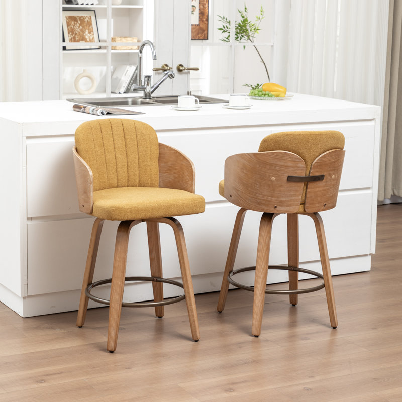 Swivel Upholstered Velvet Bar Stool with Solid Wood Frame, YELLOW, Set of 2, 64.5cm