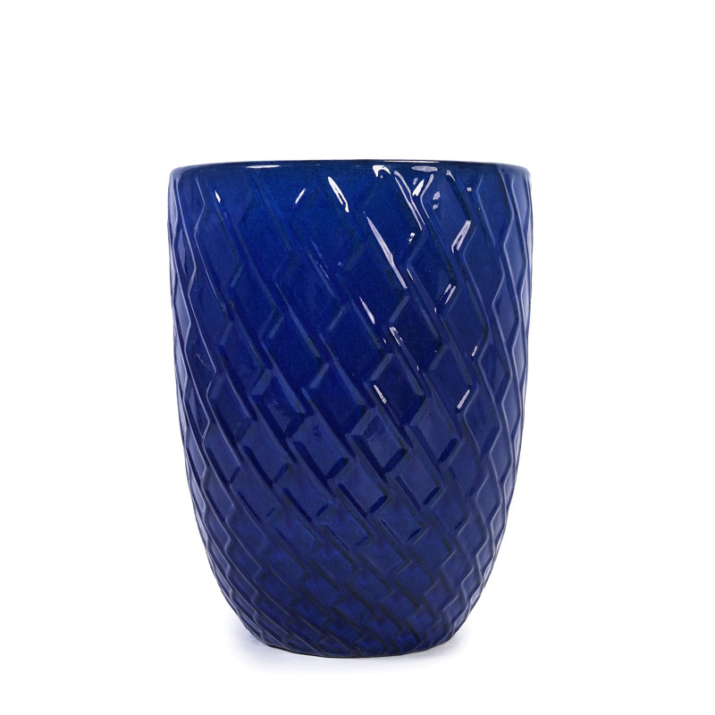 Pot de fleurs en céramique fait à la main, 17 pouces de diamètre, 1 pièce, bleu marine avec motif de losanges, pour Monstera Deliciosa et figuier à feuilles de figuier, utilisation de porte intérieure / extérieure, argile respirante