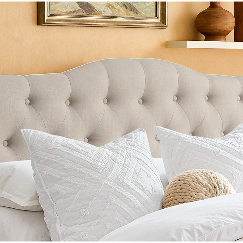 Tête de lit capitonnée tapissée à oreilles, tête de lit en bois massif avec pieds en bois, tête de lit à hauteur réglable de 34 po à 43 po, tête de lit en tissu au design moderne, beige