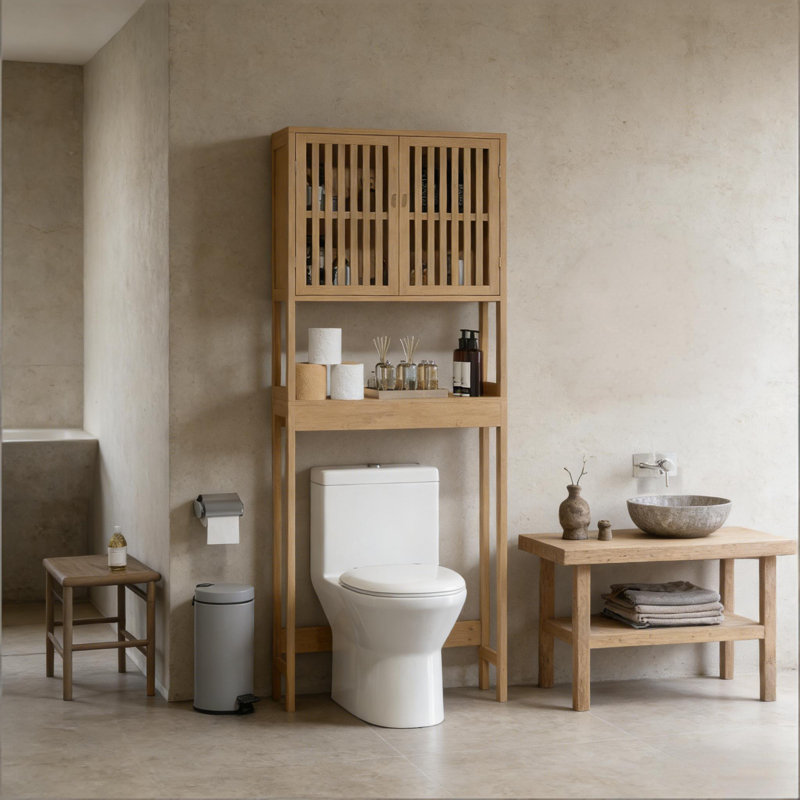 Armoire de rangement en bambou au-dessus de la toilette avec portes à lattes et tablette réglable
