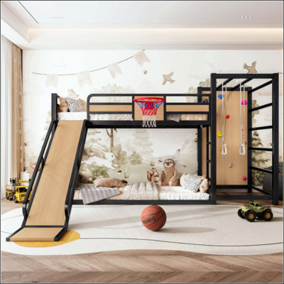 Metal Loft/Bunk Bed With Basketball Hoop, Pull-Up Rings, Climbing Wall, And Built-In Bookshelves. Playful Children's Design Featuring A Slide
