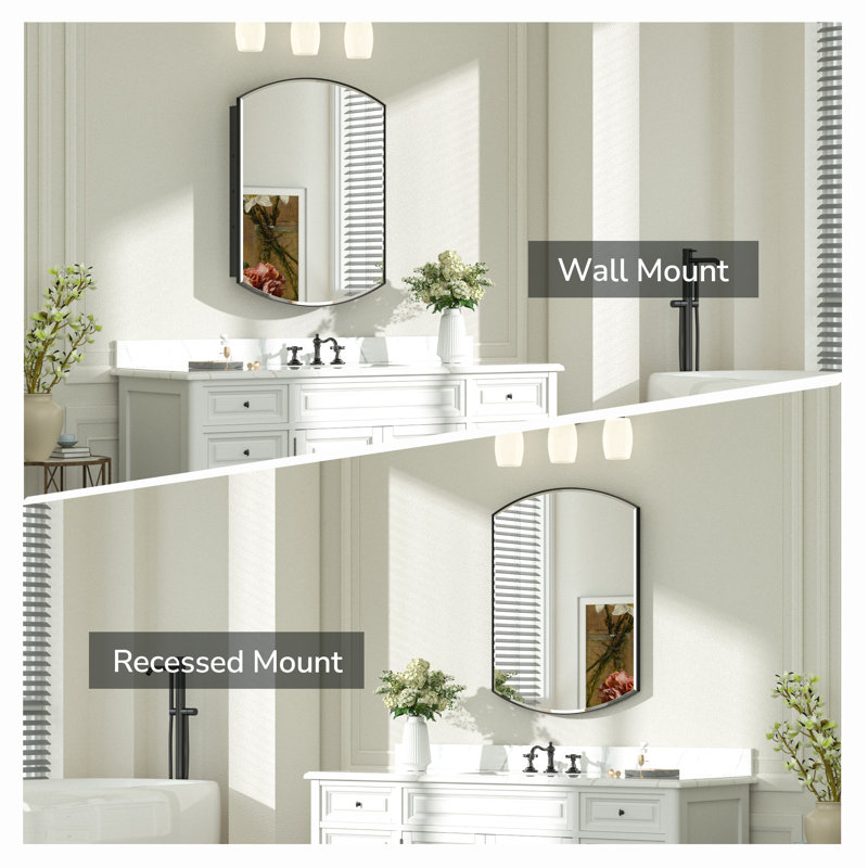 Arch Metal Framed Storage Medicine Cabinet With Beveled Mirror, 32" H x 24" W x 5" D, Black