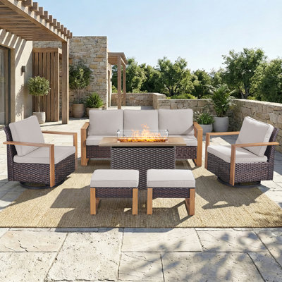 6-Piece Outdoor Rattan Modern Garden Fire Pit Set With Sofa, Swivel Chairs And Ottomans