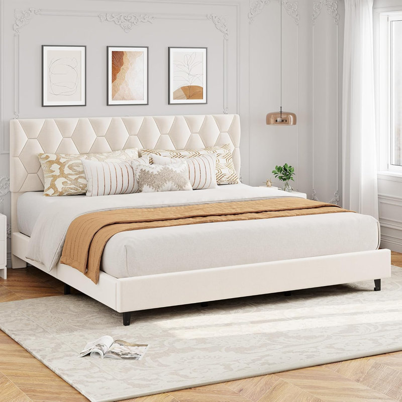 King Upholstered Bed Frame, Heavy-Duty Wood Slats, Beige, Beige, King