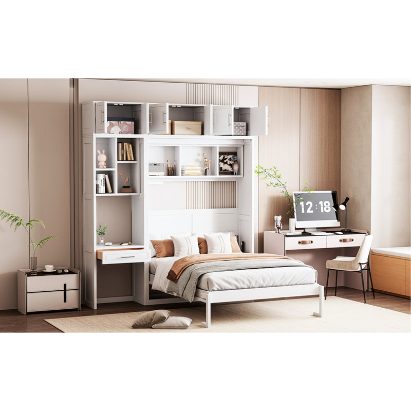 Lit double blanc avec bureau et rangement au-dessus, parfait pour les petits espaces, étagères intégrées de conception pratique et peu encombrantes, chambres d'amis idéales, support de matelas confortable
