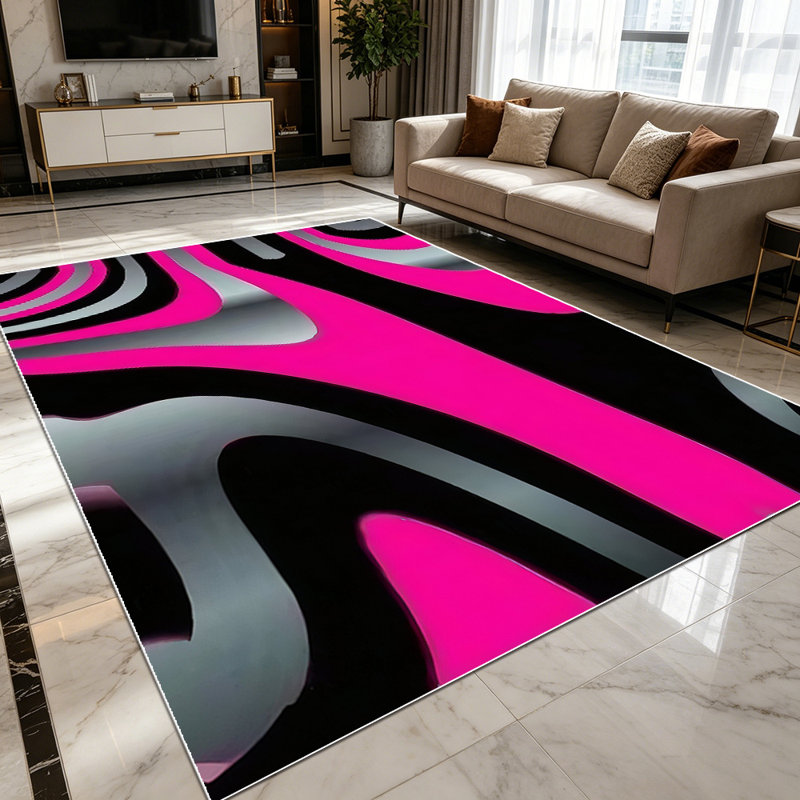 1PC Modern Abstract Psychedelic Hot Pink Black Grey Wave Stripe area rugs for Living Room, Soft and Comfortable, Suitable for all seasons, easy-to-maintain, machine washable Indoor floor mat, Under Table Farmhouse suitable for Dining Room, Bedroom,