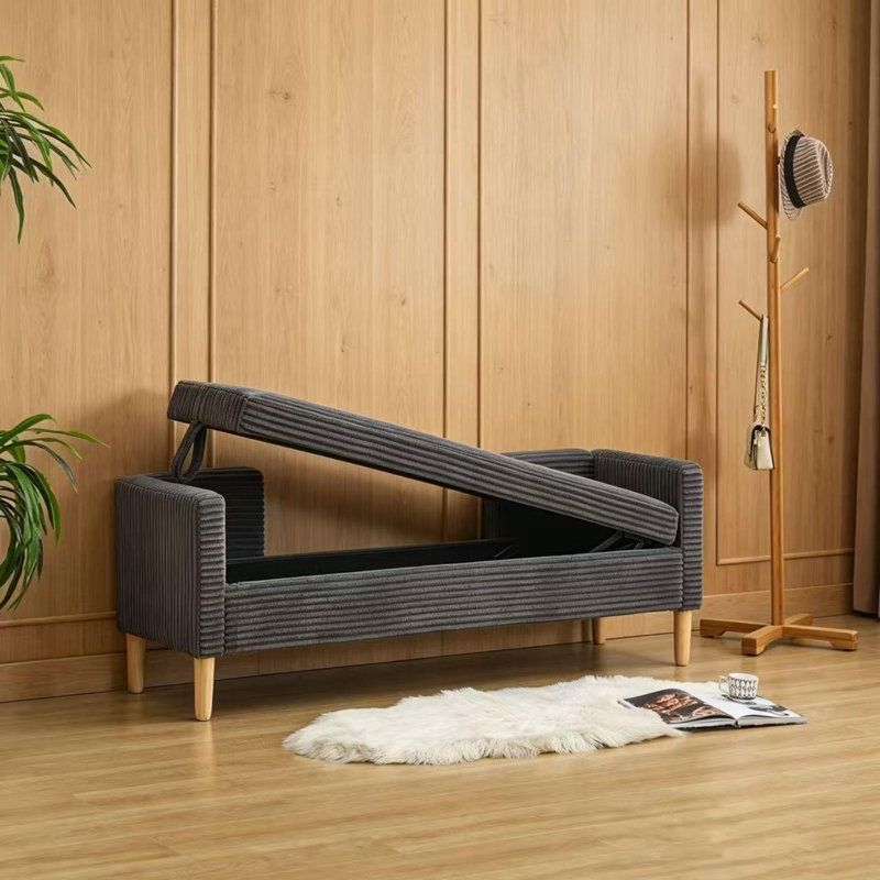 Banc de rangement rembourré de 65 po, avec repose-pieds et repose-pieds en velours côtelé avec accoudoirs et dossier et 2 traversins avec pieds en bois