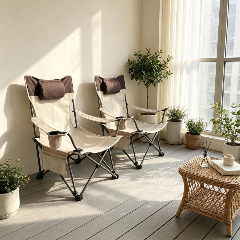 Lot de 2 chaises de camping pliantes pour l'extérieur avec poches latérales et porte-gobelet