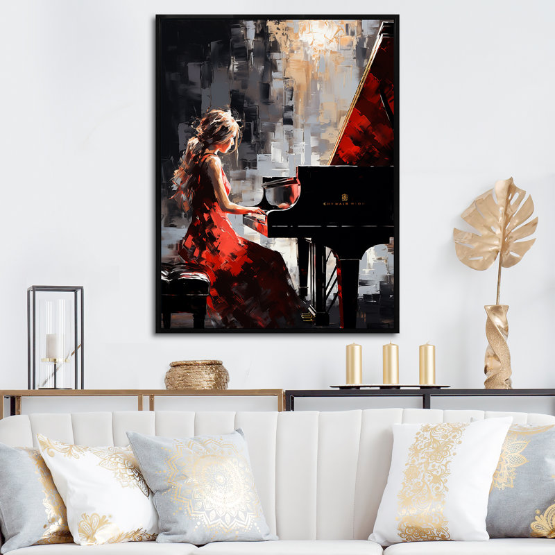 «Wum Black Red Music Piano Harmony», reproduction sur toile, H 40 po x l 30 po x P 1,5 po, Cadre flottant noir