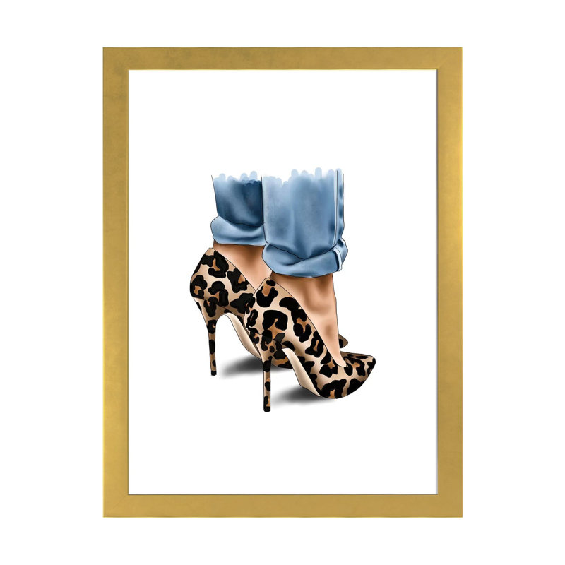 Impression d’art graphique, "léopard spot Heels" par Elza Fouche, Papier encadré doré, Blanc, H 32 po x l 24 po x P 1 po