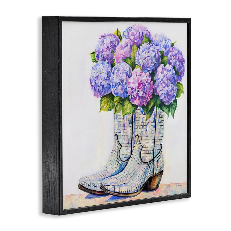 Bottes de cow-boy à motif hydrangée, giclée, conception par Amanda Greenwood, H 17 po x l 17 po, Giclée encadrée noir minuit