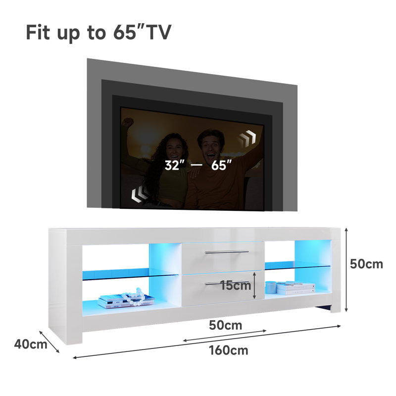 160*40*50cm LED TV Cabinet with 16 Colours and 4 Lighting Modes,Stand for TVs up to 65”, White
