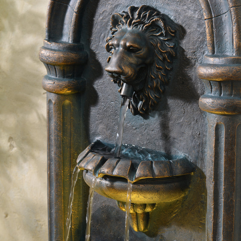 Tiered Lion Head Outdoor Water Wall Fountain with LED Light and Pump, Antique Copper