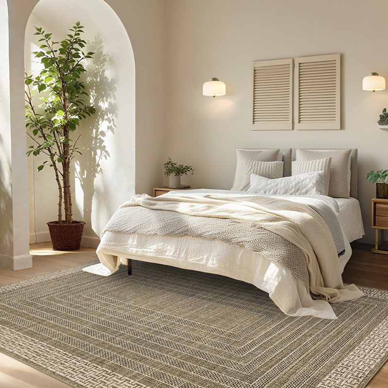 Modern Machien Washable Rugs for Living Room Ultra-Soft Geometric Bordered Indoor Rug, Non Shedding Low Pile Bedroom Carpet, Contemporary Floor Mats for Nursery