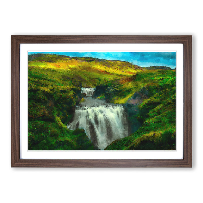 Waterfall in Iceland - Picture Frame Graphic Art, 27cm H x 36cm W x 2cm D, Walnut