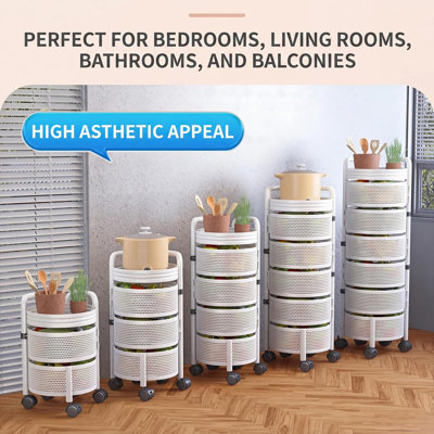 5-Tier Thickened Carbon Steel Rotating Kitchen Storage Cart with Wheels, Mobile Utility Rack with Top Lid, No Assembly