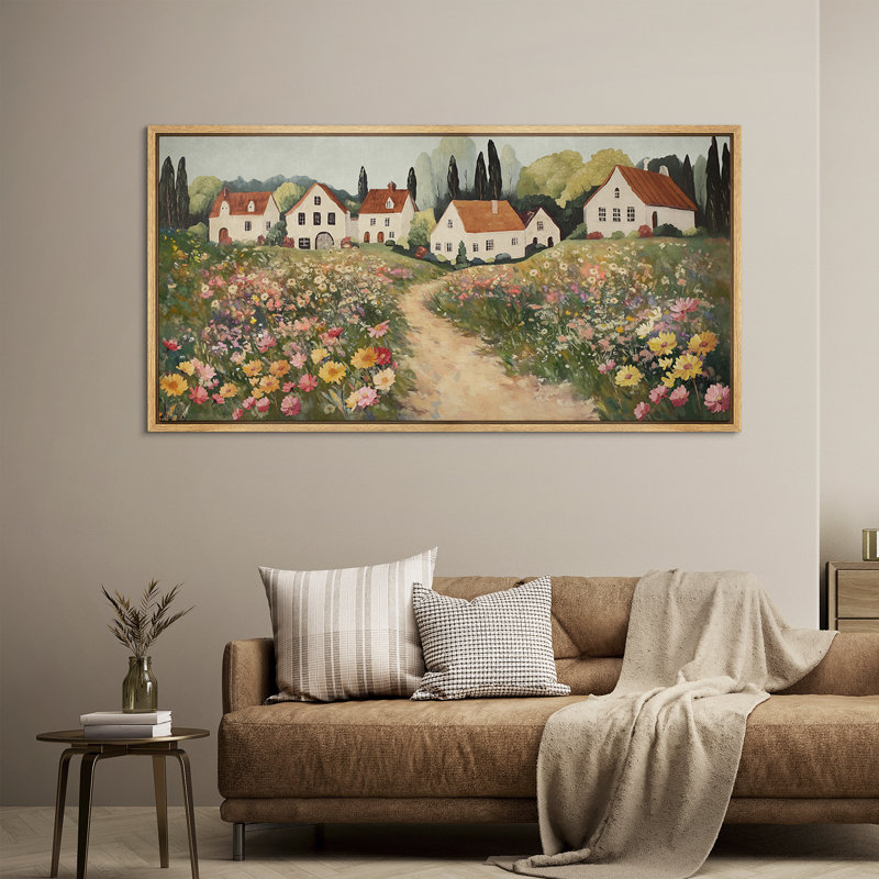 Charmante maison de campagne avec toile encadrée - Champ de fleurs et scène de village pour décor de ferme, H 30 po x l 60 po