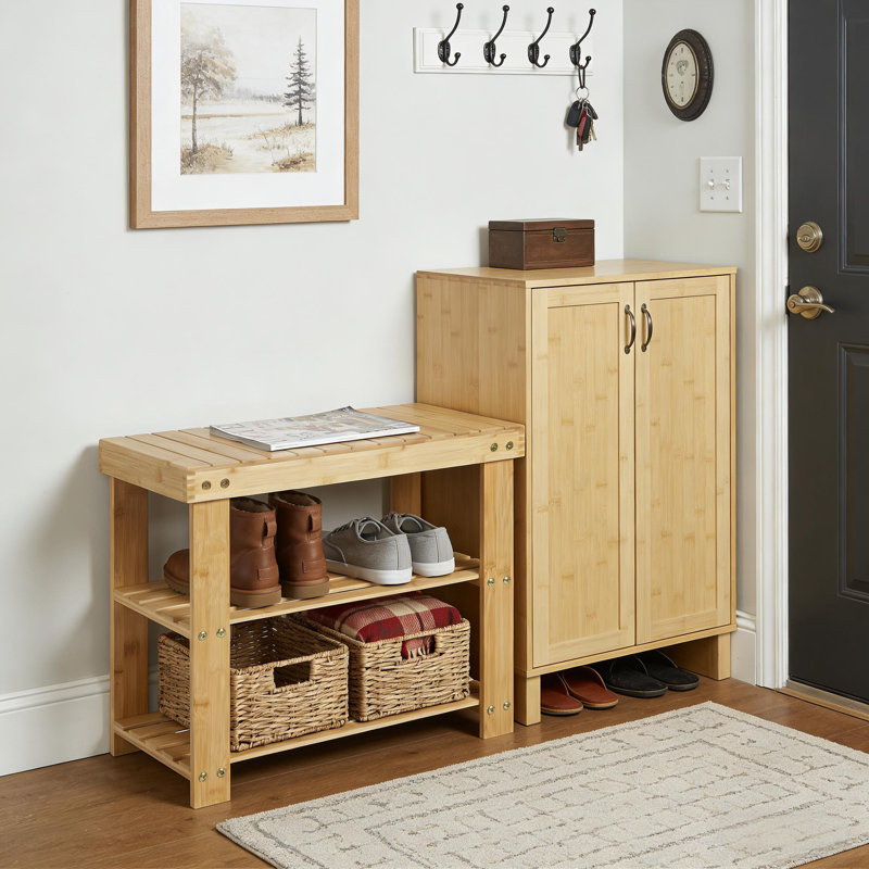 Banc à chaussures en bambou avec tablette de rangement à 2 niveaux pour hall d'entrée et salon, Bois naturel
