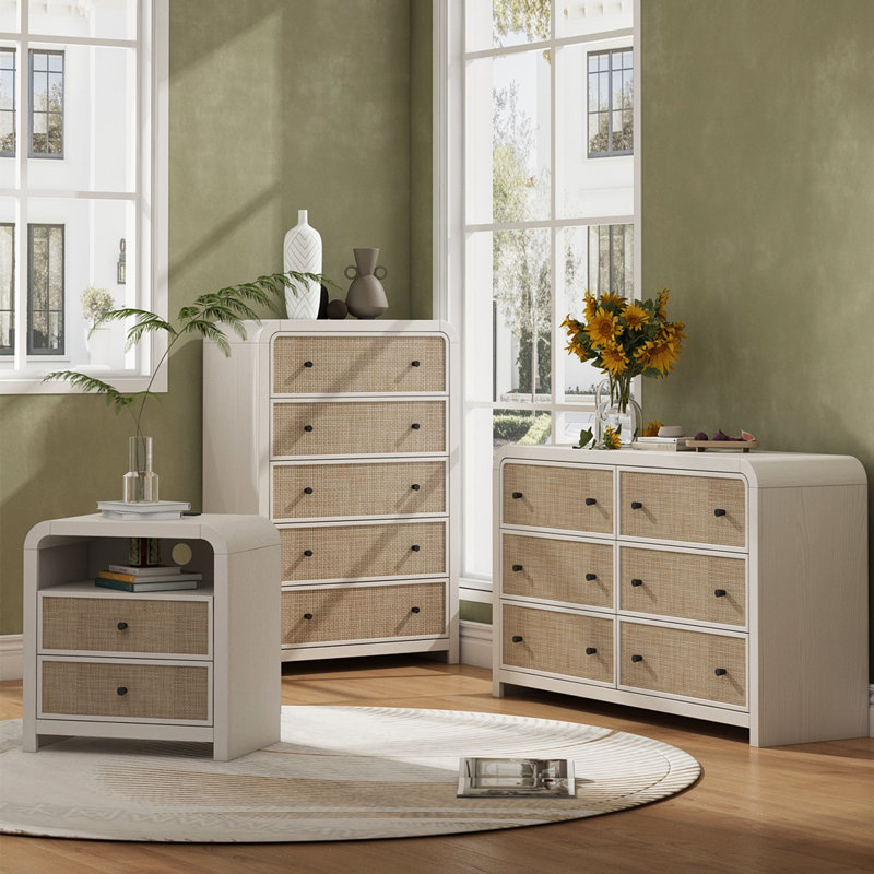 Cevat Rattan 5-Drawers Dresser,Thickened Curved Profile Design, Ivory