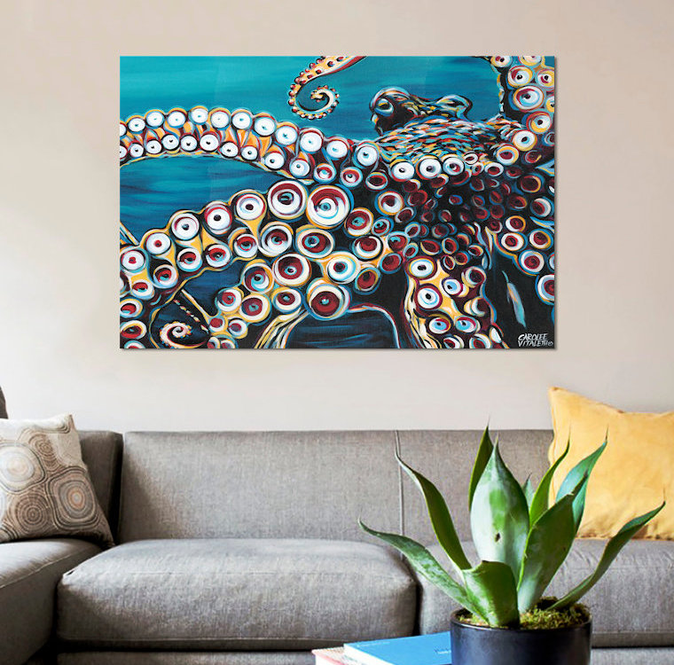 «Wild Octopus I» par Carolee Vitaletti - impression d'art graphique, H 26 po x l 40 po x P 1,5 po, Toile tendue, Pas de tapis