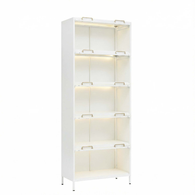 Modern Iron Display Cabinet with LED Lighting and Flip-Up Glass Doors, White