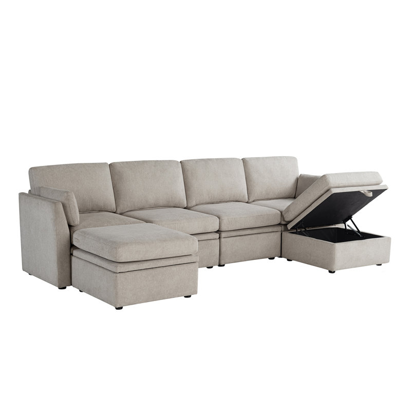 6 Piece U-shaped Modular Fabric Sectional, Beige Polyester
