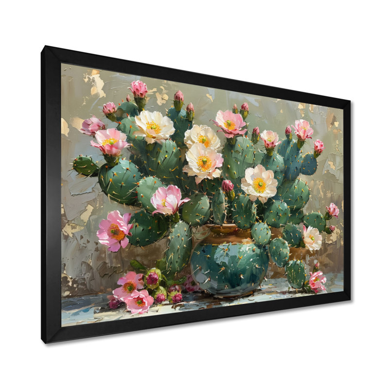 Cactus vert et rose en fleurs - Cactus floral, H 24 po x l 32 po x P 1 po, Toile encadrée noire simple