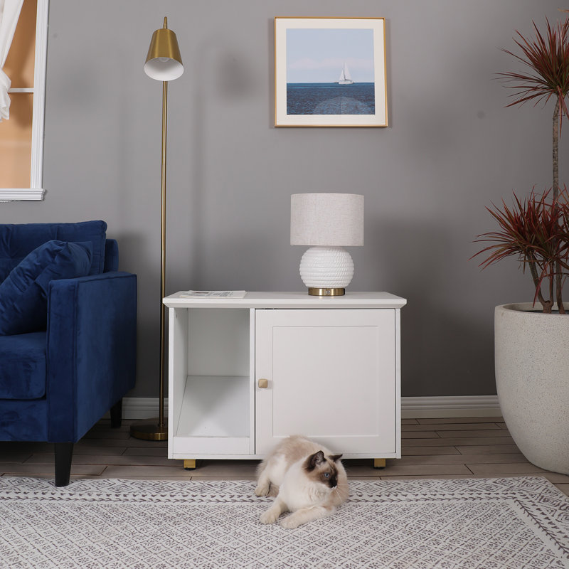 32'' White Modern Cat Litter Box Furniture Hidden