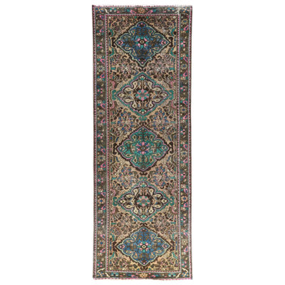 Tapis de couloir 3 pi 6 po x 9 pi 7 po vert avec des touches de rose et d'aspect usé en laine nouée à la main à motif de bakhtiar persan rétro 56C7F48A20C949D093FDD3B36FC98AD8