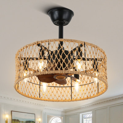 20"  Ceiling Fan with Light, Hand-Made Rattan String Shade, 6 Light and 3 Fan speed