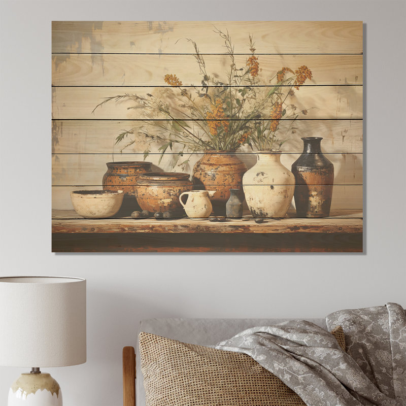Brown Floral Vintage Pottery Artifacts - Boho Pottery On Wood Print, 10" H x 20" W x 0.78" D