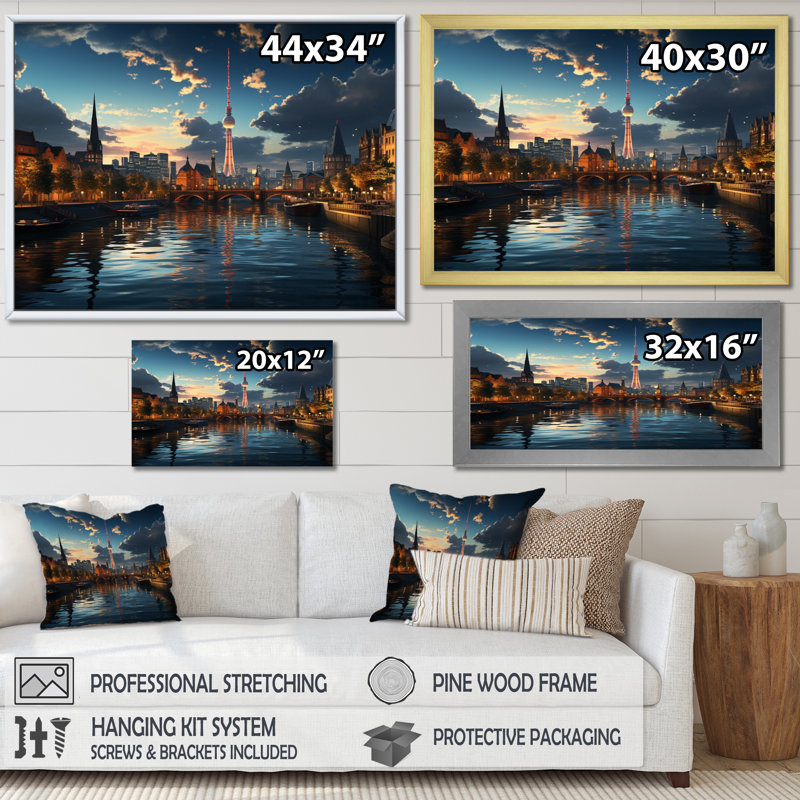 «Berlin Beautiful Cityscape Spot I - Berlin», reproduction d'art sur toile, H 34 po x l 44 po x P 1,5 po, Cadre photo noir
