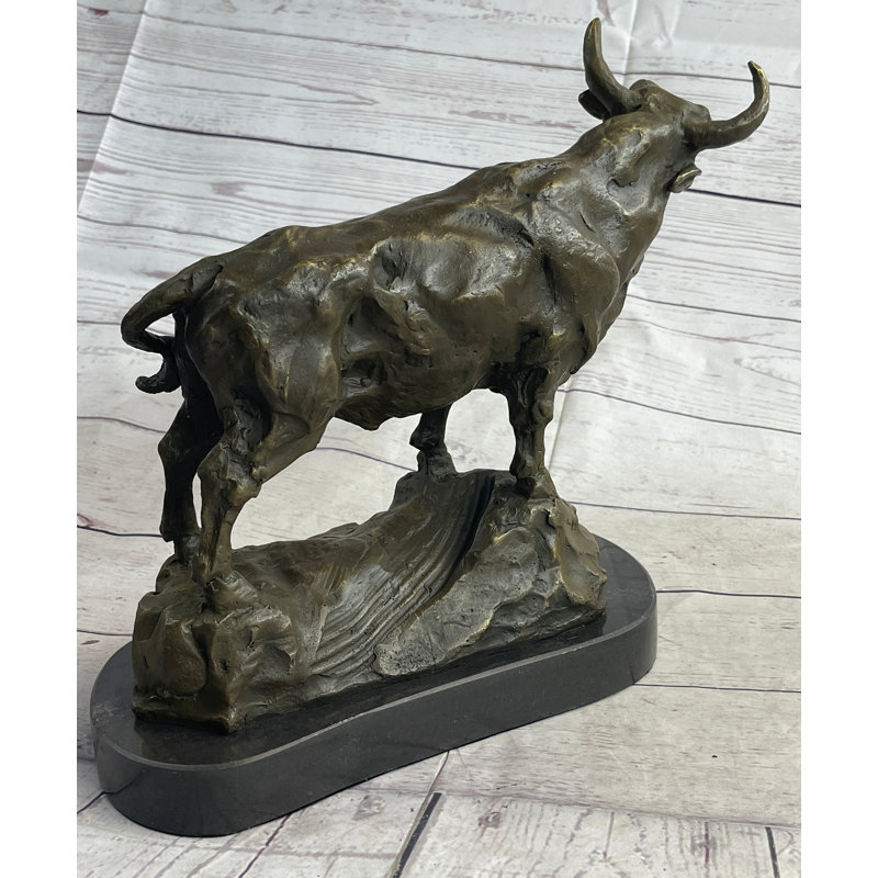 Bronze Bull Statue on Black Marble Base