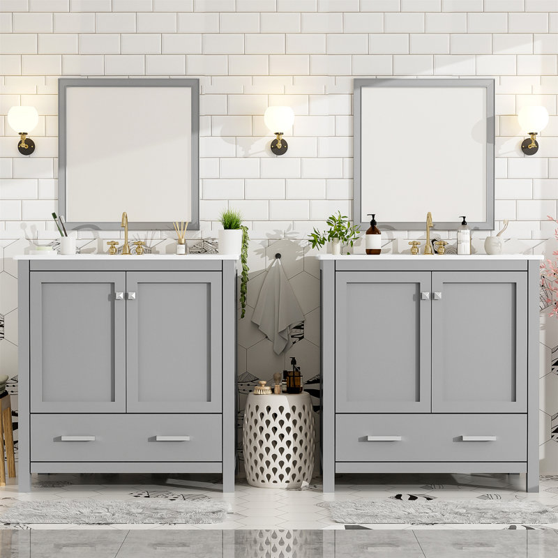 Ensemble de meuble-lavabo 60 po avec double meuble-lavabo, double lavabo en céramique, tablette de rangement et tiroirs divisés