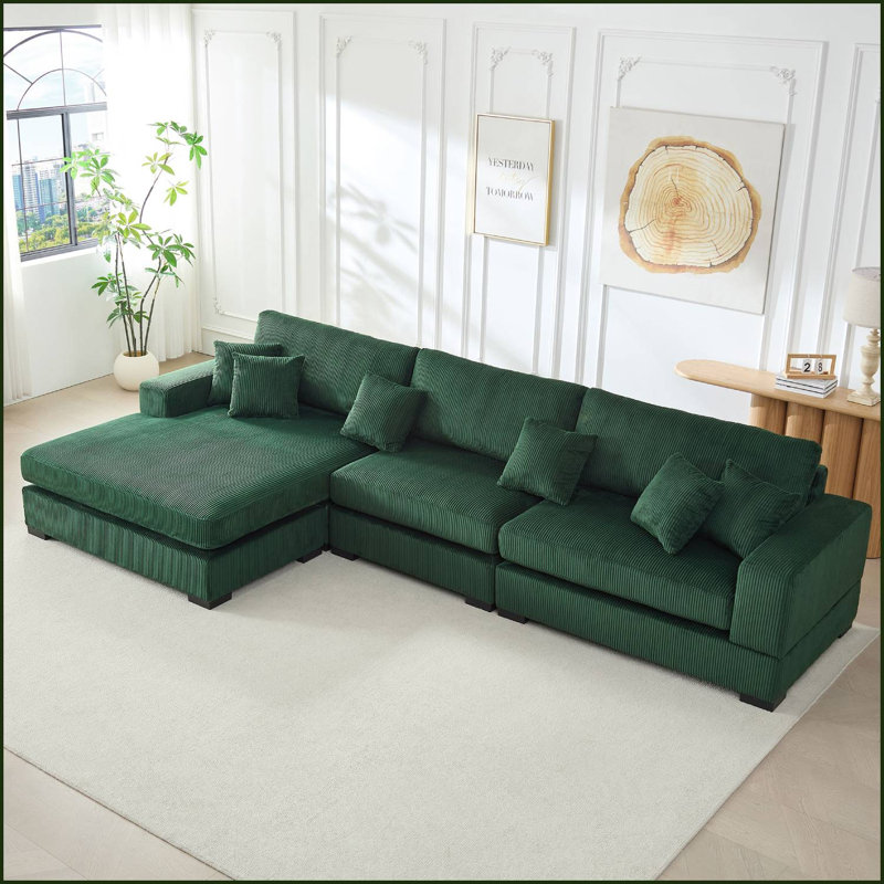 148" Upholstered Soft Sectional With Chaise, Green Polyester