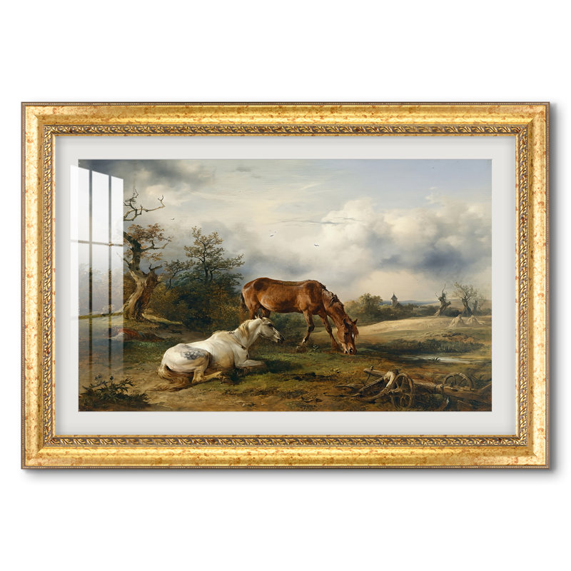 Deux chevaux au pré, vers 1825 - Friedrich Gauermann - Estampe encadrée sur mesure, 28 po x 40 po