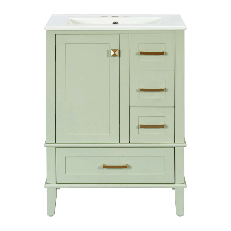 Meuble-lavabo autoportant peu encombrant avec plusieurs tiroirs et lavabo en céramique, Green