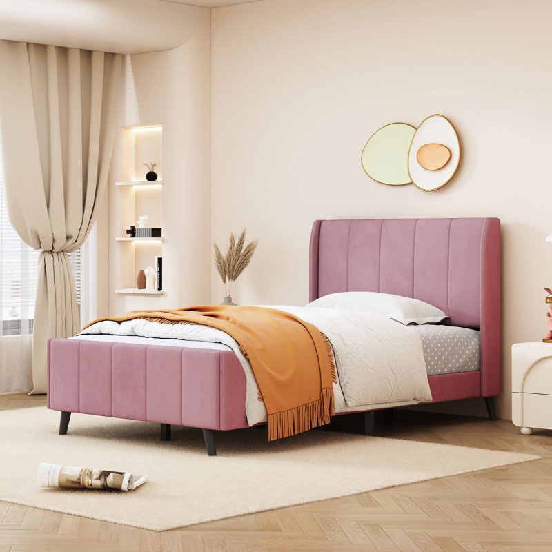 Lit plateforme tapissier taille, velours, Rose, Lit simple