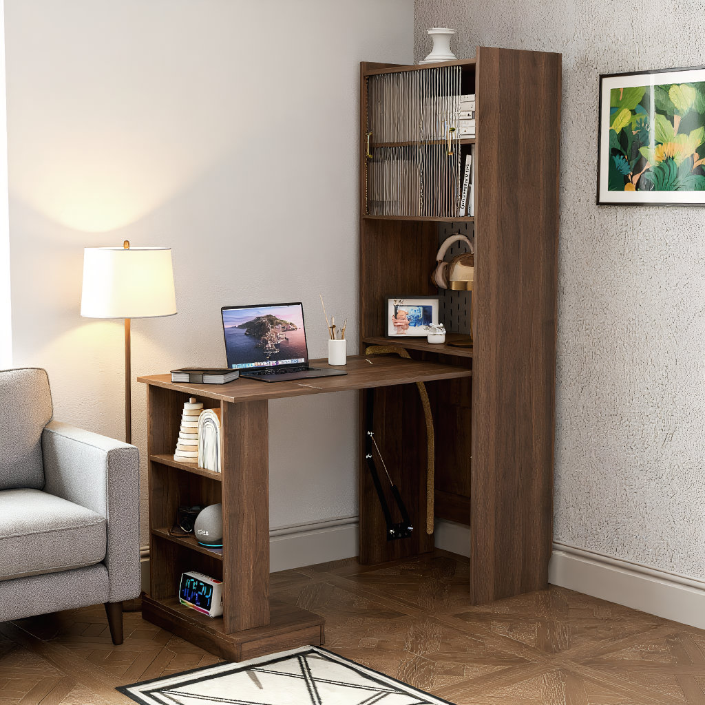 Latitude Run® Space-Saving Foldable Computer Desk With Open Shelves And Hutch, Writing Study Table For Home Office, Walnut | Wayfair