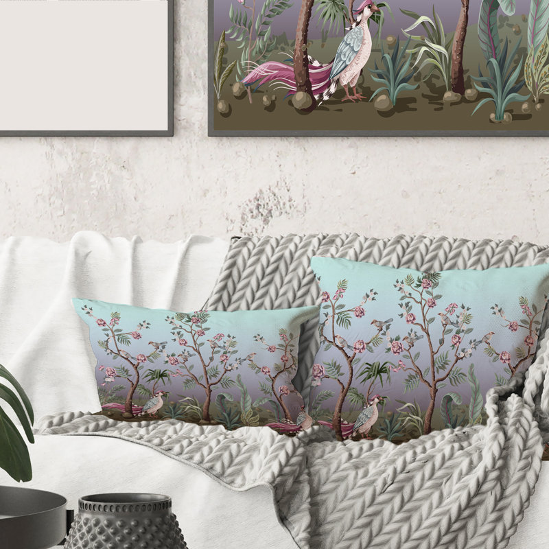 Rectangle, chinoiserie avec oiseaux et pivoines II - coussin décoratif traditionnel