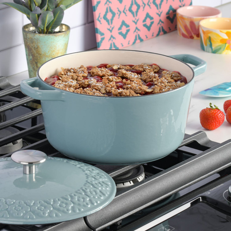 Aqua Blue Enameled Cast Iron Non-stick Dutch Oven with Embossed Lid