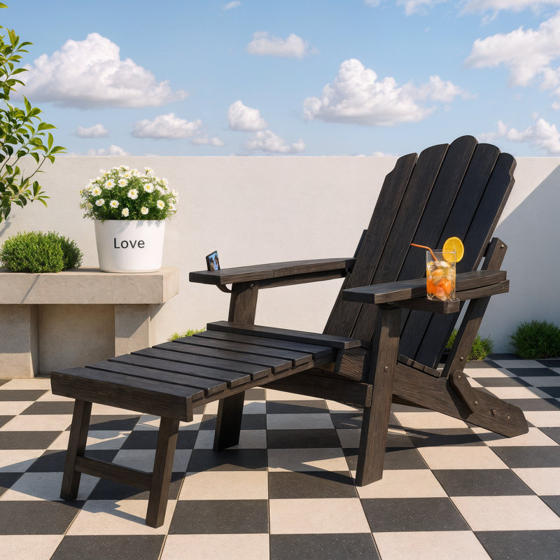 Folding Adirondack Chair with Ottoman & Cup Holders – Adjustable Back, HIPS Outdoor, Black