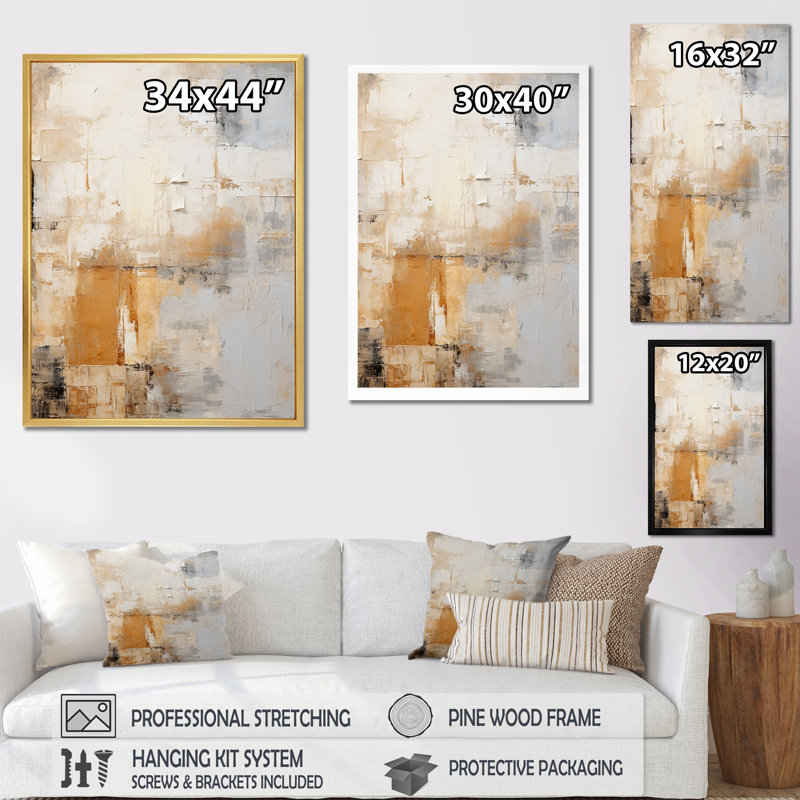 «Gold and Beige Soft Fusion - Abstract Collages», impressions d'art mural, Cadre simple noir, H 44 po x l 34 po x P 1,5 po